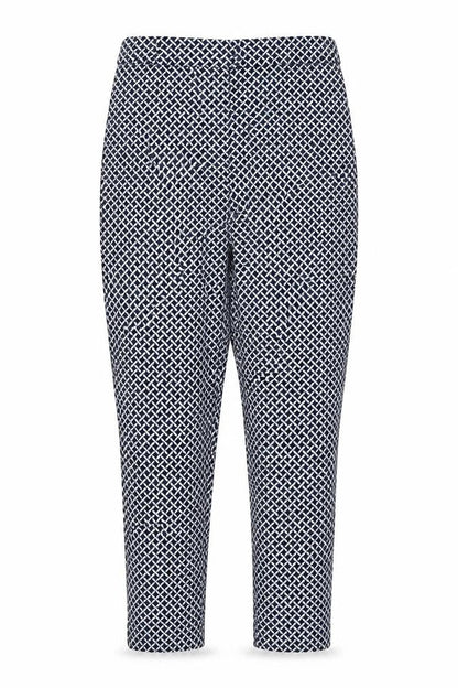Front view of F&F women’s blue herringbone cotton carrot trousers, size UK 12, 27-inch leg regular zip