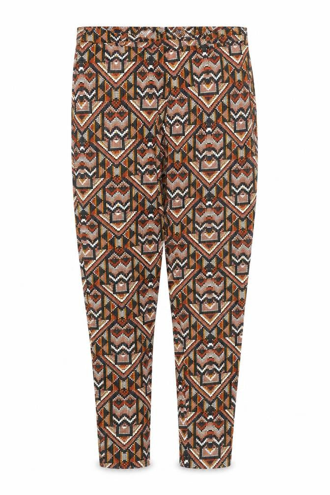 Front view of H&M women’s multicoloured geometric cotton carrot trousers, size UK 10, 27-inch leg regular