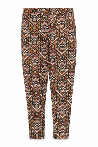 Front view of H&M women’s multicoloured geometric cotton carrot trousers, size UK 10, 27-inch leg regular