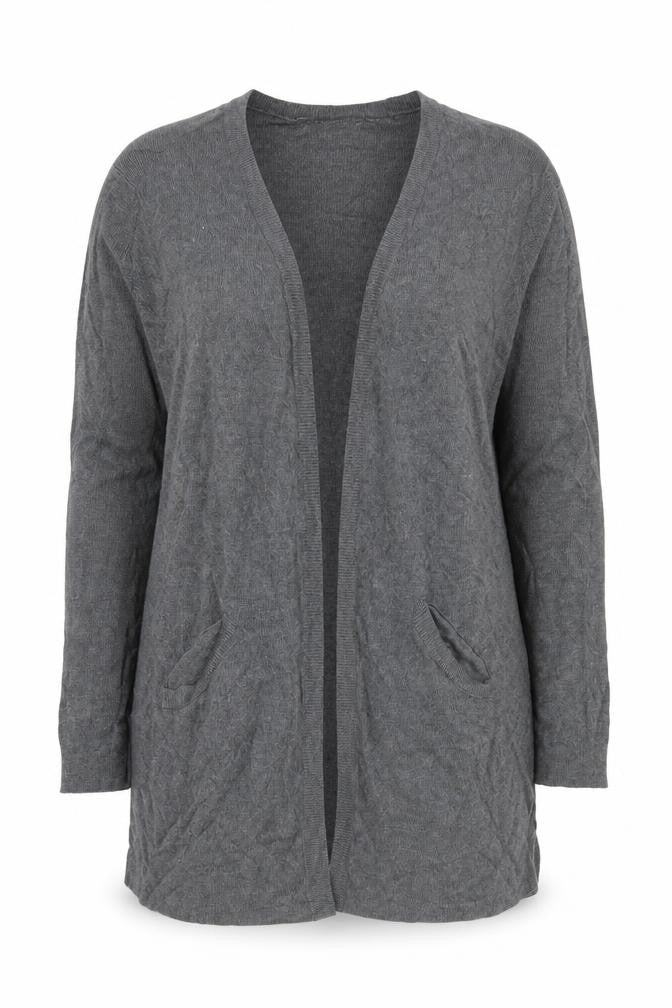 Front view of Select women’s grey v-neck viscose cardigan jumper, size UK 10