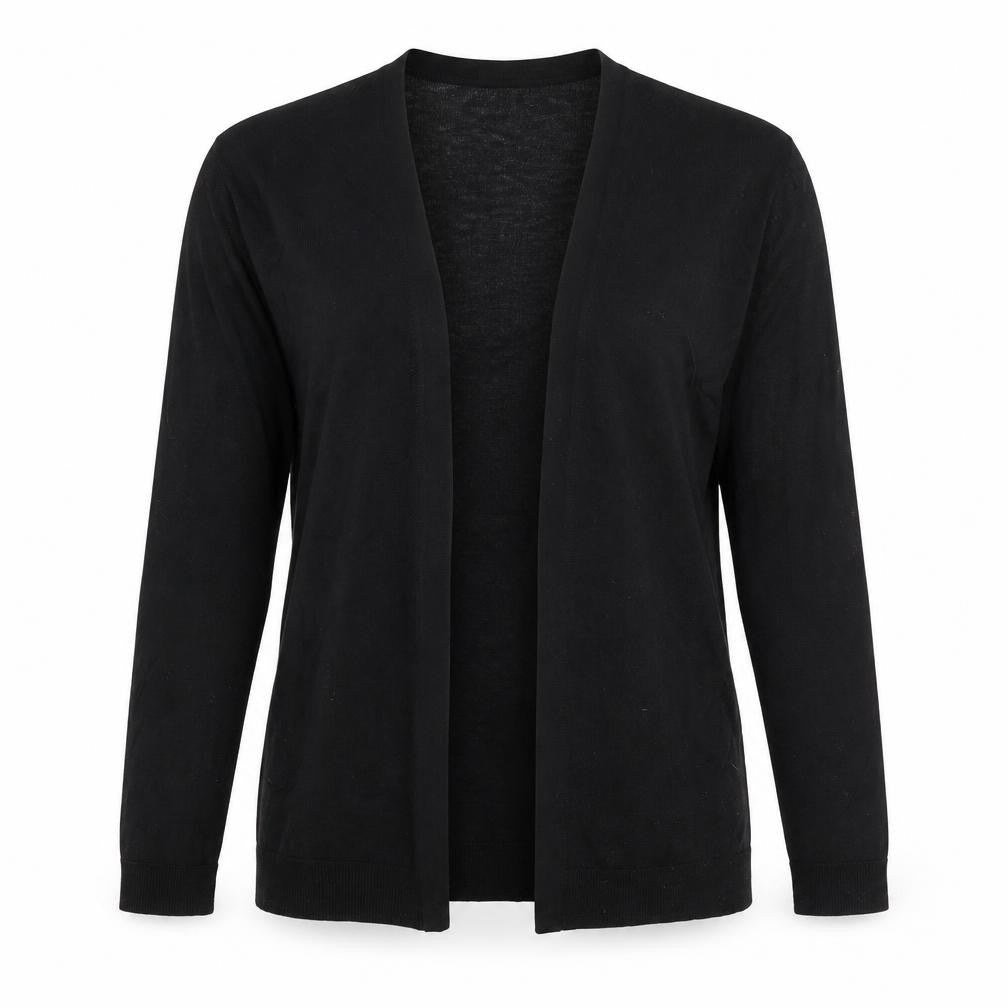 Front view of H&M women’s black v-neck acrylic cardigan jumper, size XS