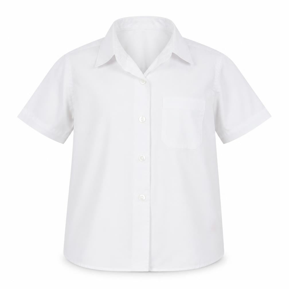 Front view of Dunnes girls’ white polyester basic button-up, size 5-6, years collared button - school wear