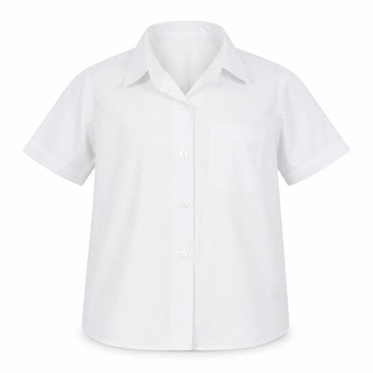 Front view of Dunnes girls’ white polyester basic button-up, size 5-6, years collared button - school wear