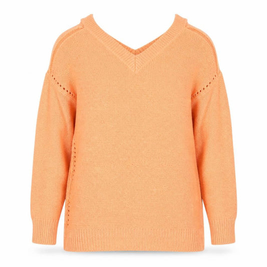 Front view of Intuition women’s orange v-neck acrylic jumper, size UK 12, - 12-14, open shoulders