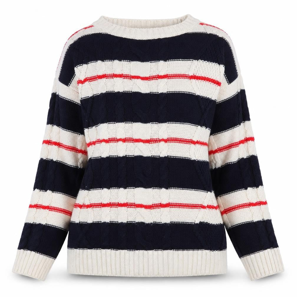 Front view of Grace women’s multicoloured round neck striped acrylic jumper, size S