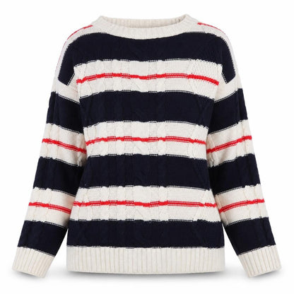 Front view of Grace women’s multicoloured round neck striped acrylic jumper, size S