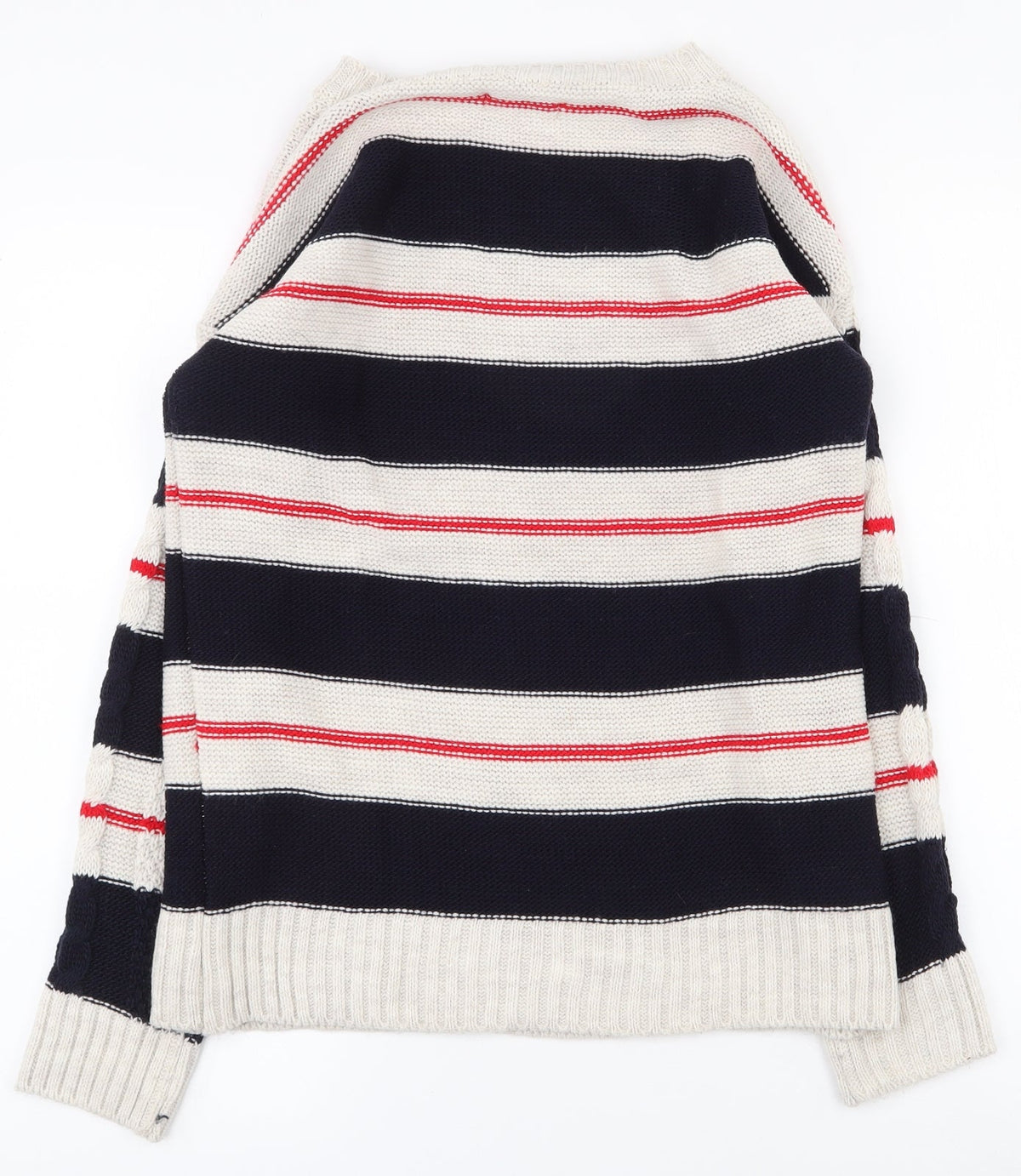 Back view of Grace women’s multicoloured round neck striped acrylic jumper, size S