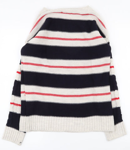 Back view of Grace women’s multicoloured round neck striped acrylic jumper, size S