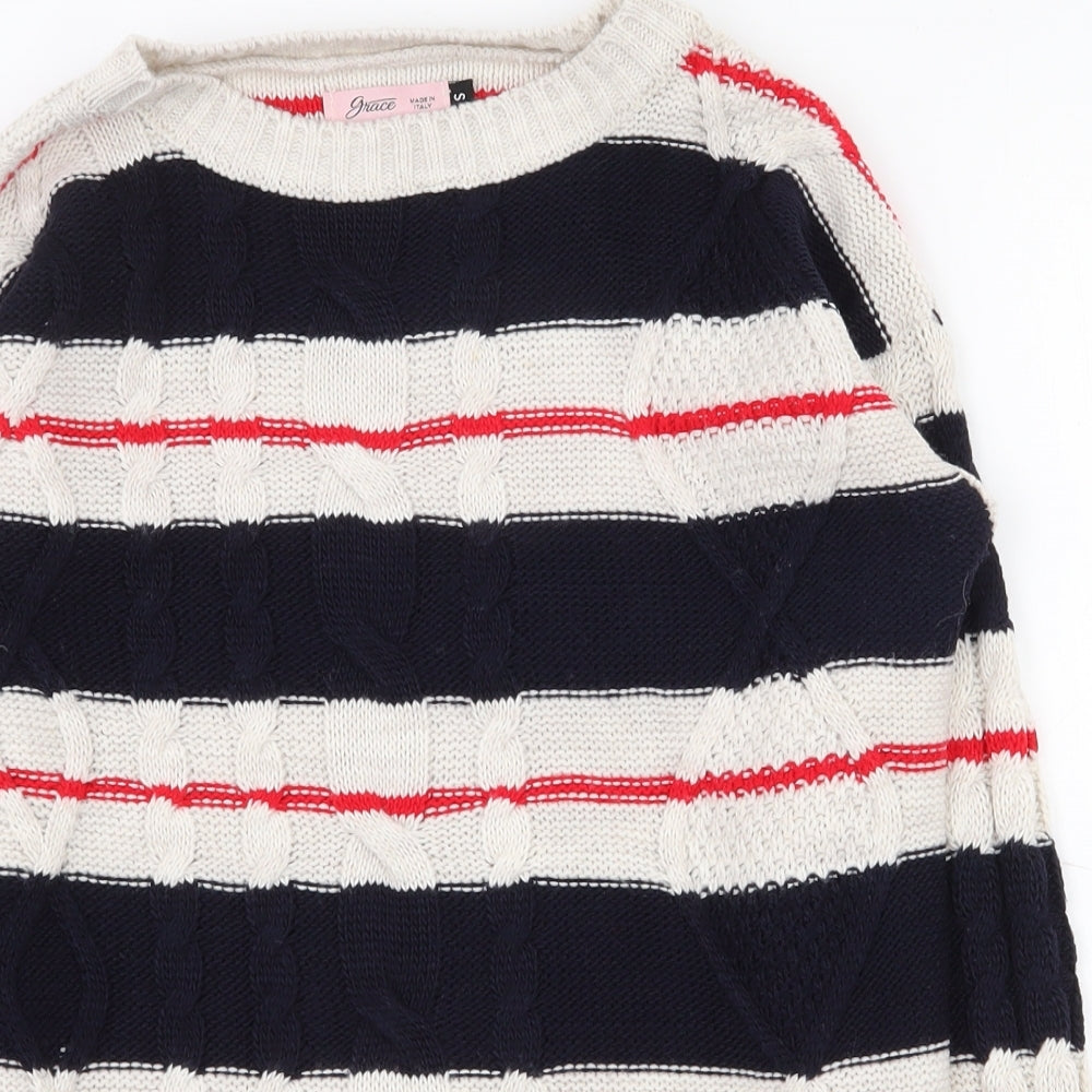 Close-up detail of Grace women’s multicoloured round neck striped acrylic jumper, size S