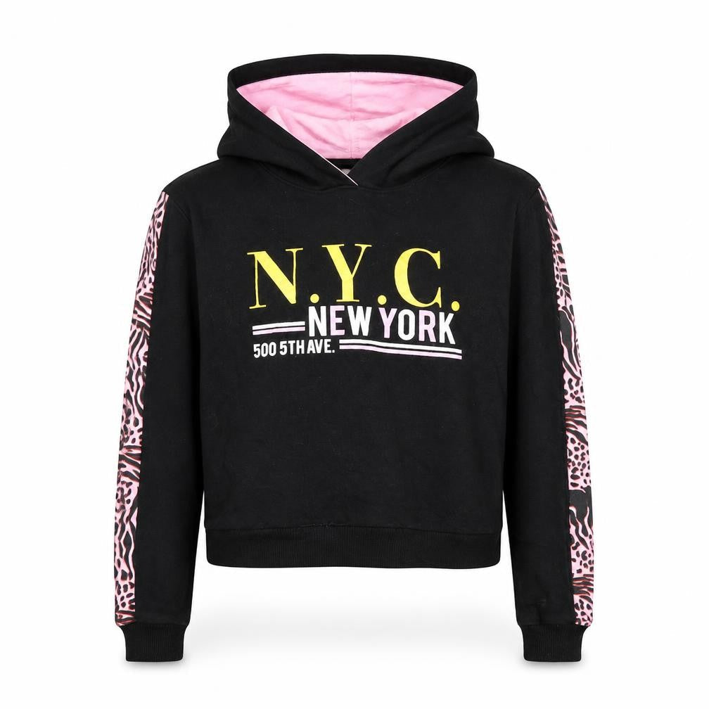 Front view of Studio girls’ black cotton pullover hoodie, size 12-13, years