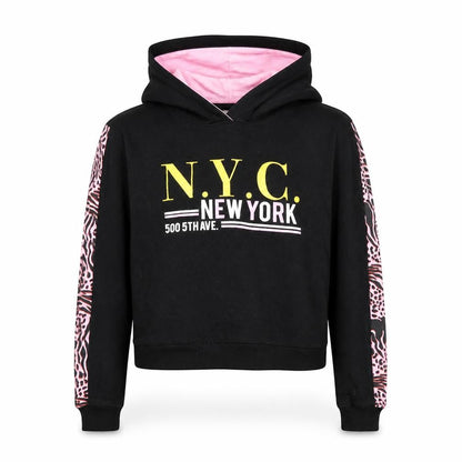 Front view of Studio girls’ black cotton pullover hoodie, size 12-13, years