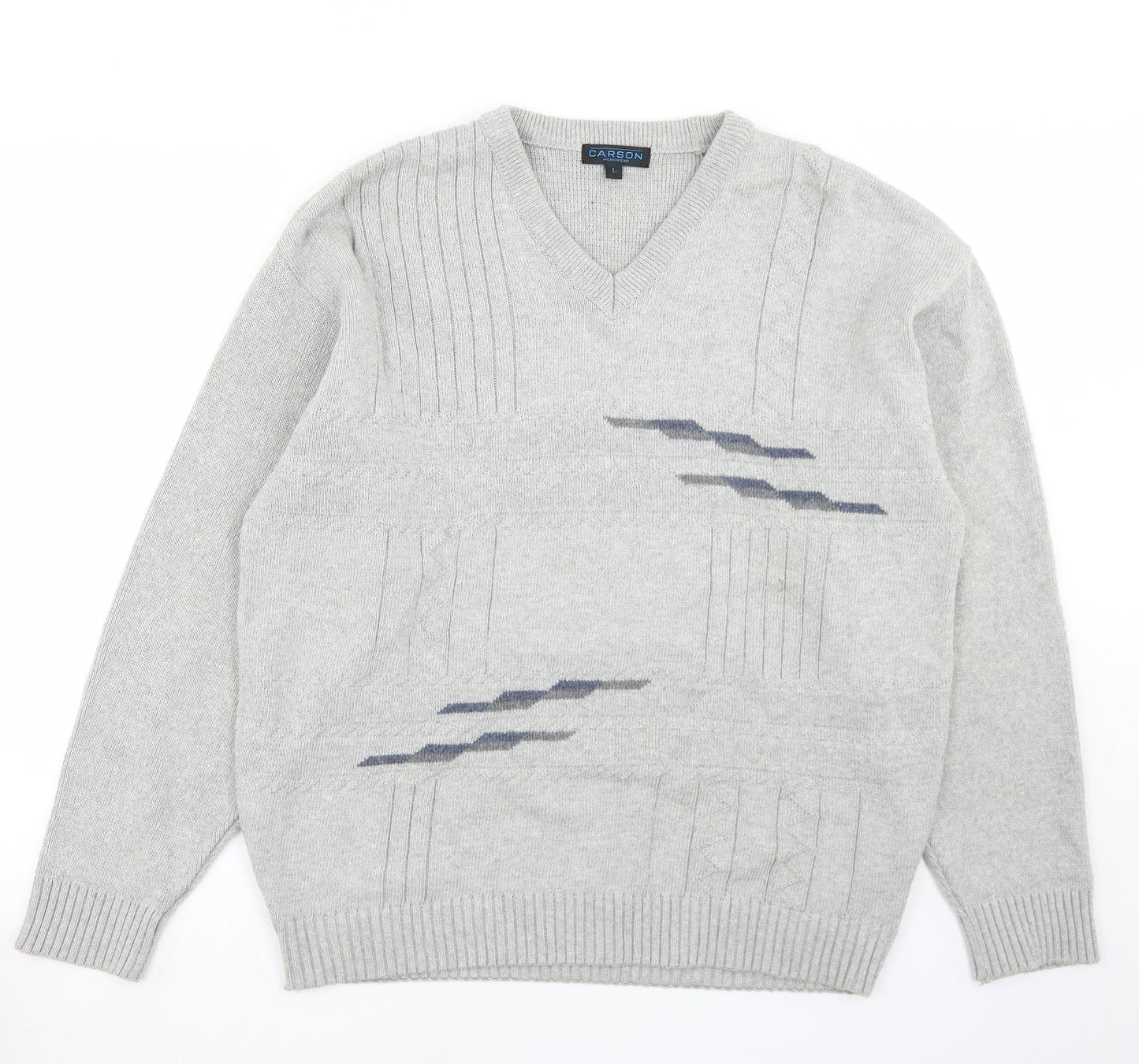 Carson Mens Grey V-Neck  Cotton Pullover Jumper Size L