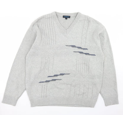 Carson Mens Grey V-Neck  Cotton Pullover Jumper Size L
