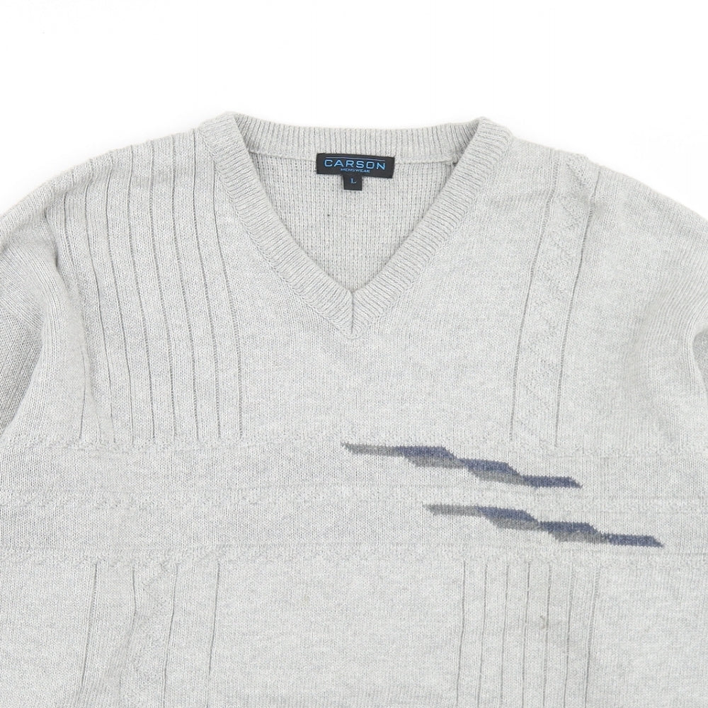 Carson Mens Grey V-Neck  Cotton Pullover Jumper Size L