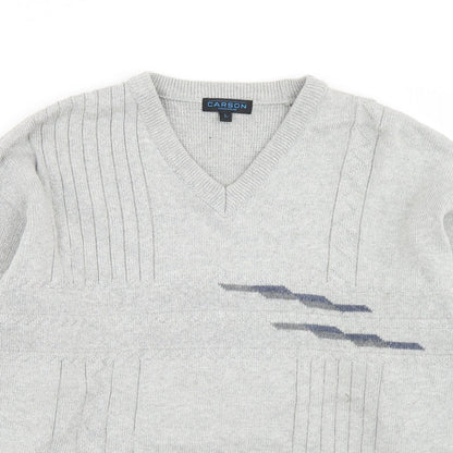 Carson Mens Grey V-Neck  Cotton Pullover Jumper Size L