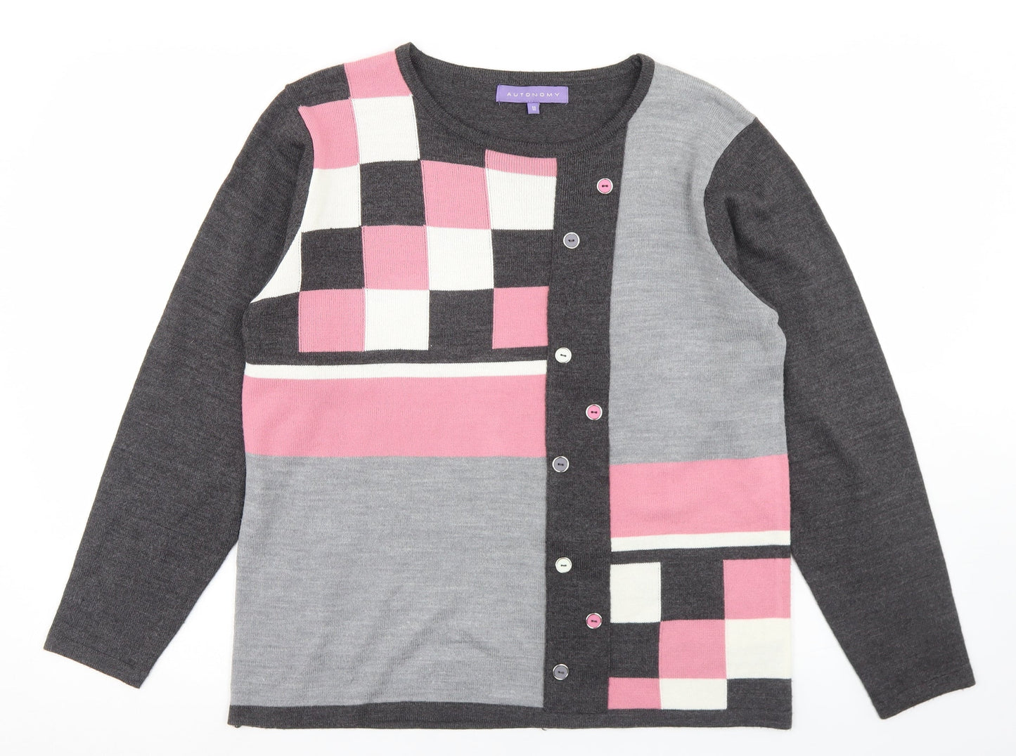 Autonomy Womens Grey Round Neck Check Acrylic Pullover Jumper Size M