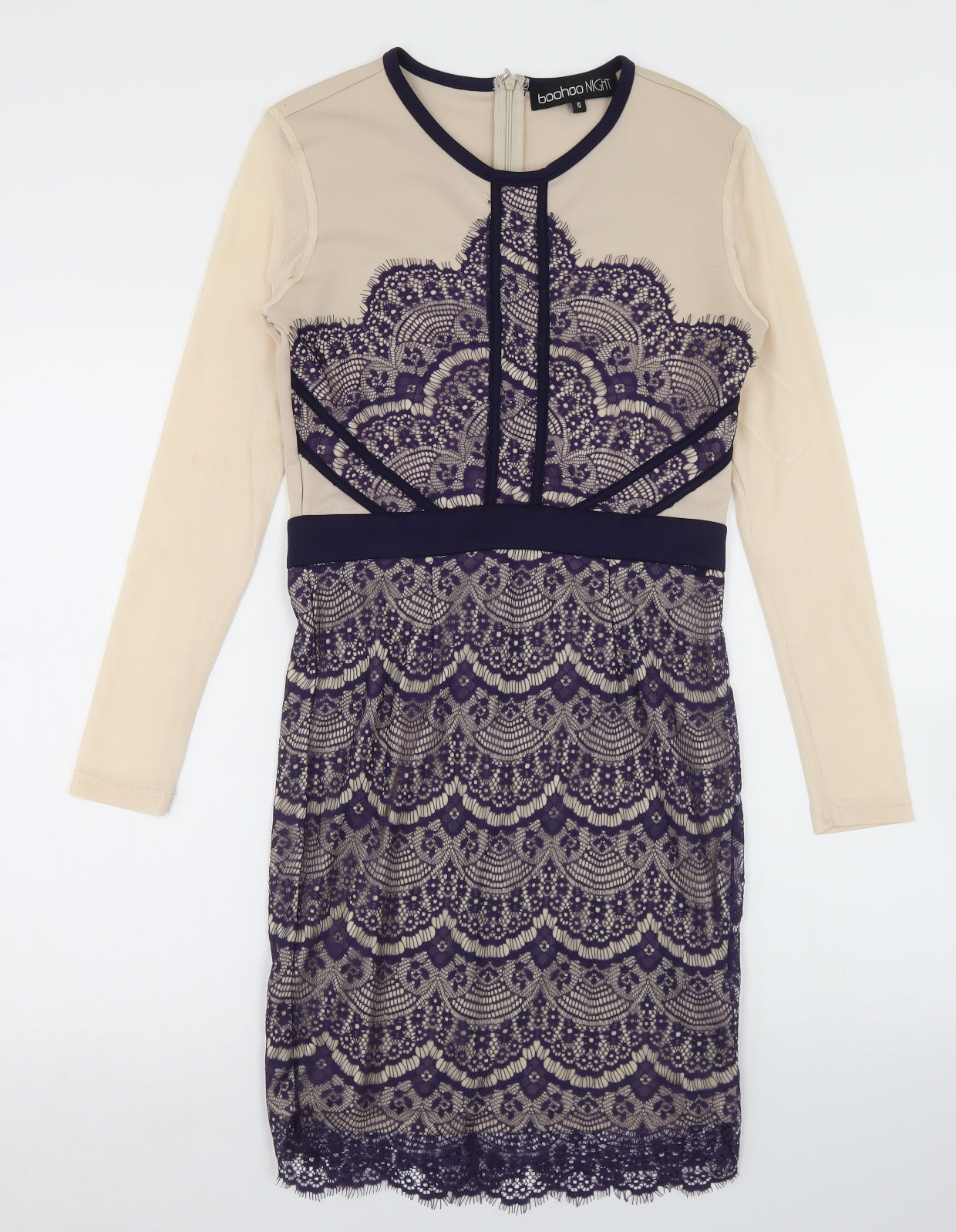 Boohoo Womens Beige  Polyester Pencil Dress  Size 10  Round Neck Zip - Lace