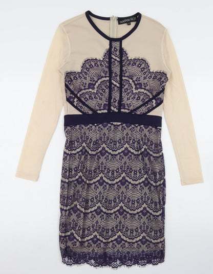 Boohoo Womens Beige  Polyester Pencil Dress  Size 10  Round Neck Zip - Lace