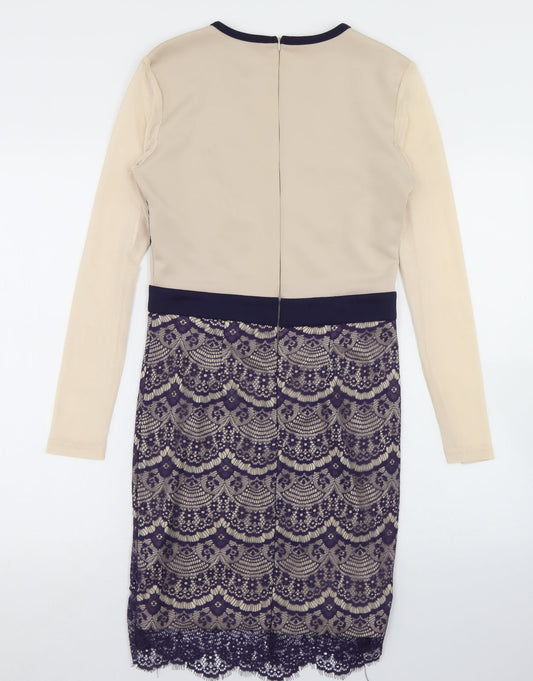 Boohoo Womens Beige  Polyester Pencil Dress  Size 10  Round Neck Zip - Lace