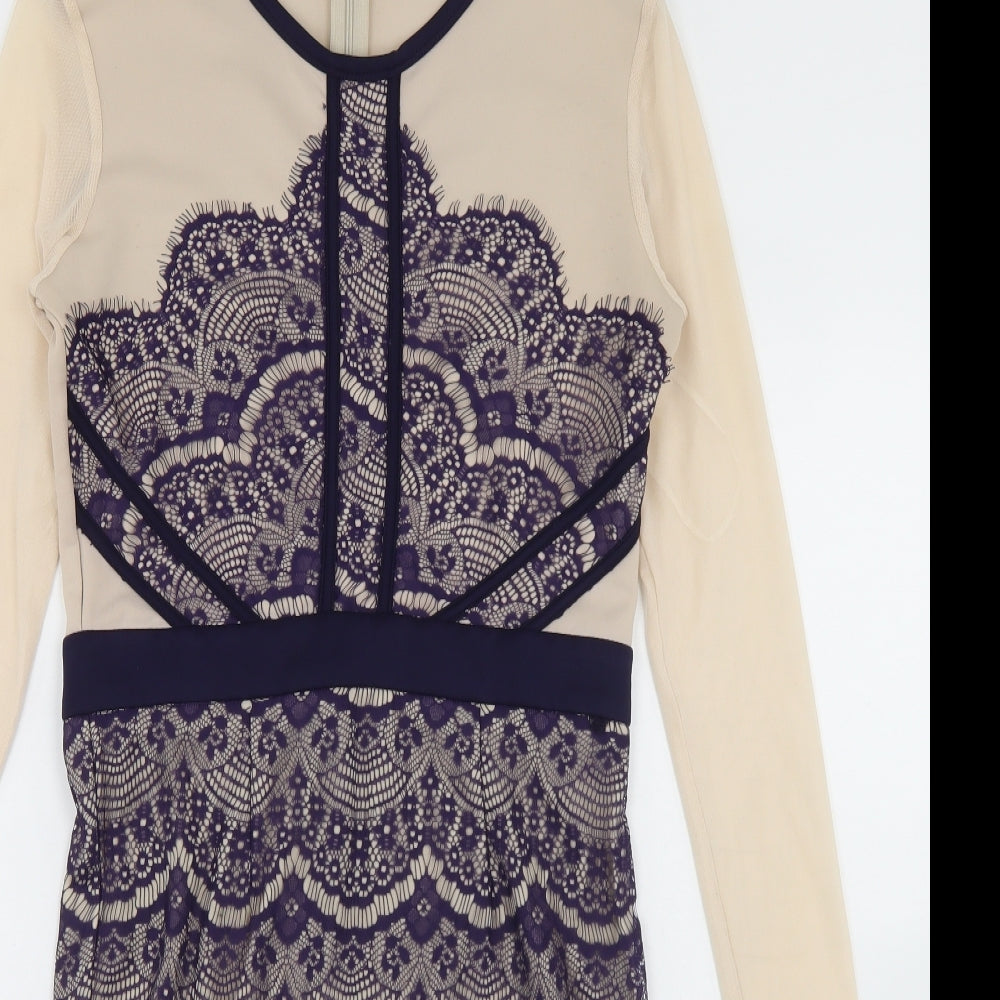 Boohoo Womens Beige  Polyester Pencil Dress  Size 10  Round Neck Zip - Lace