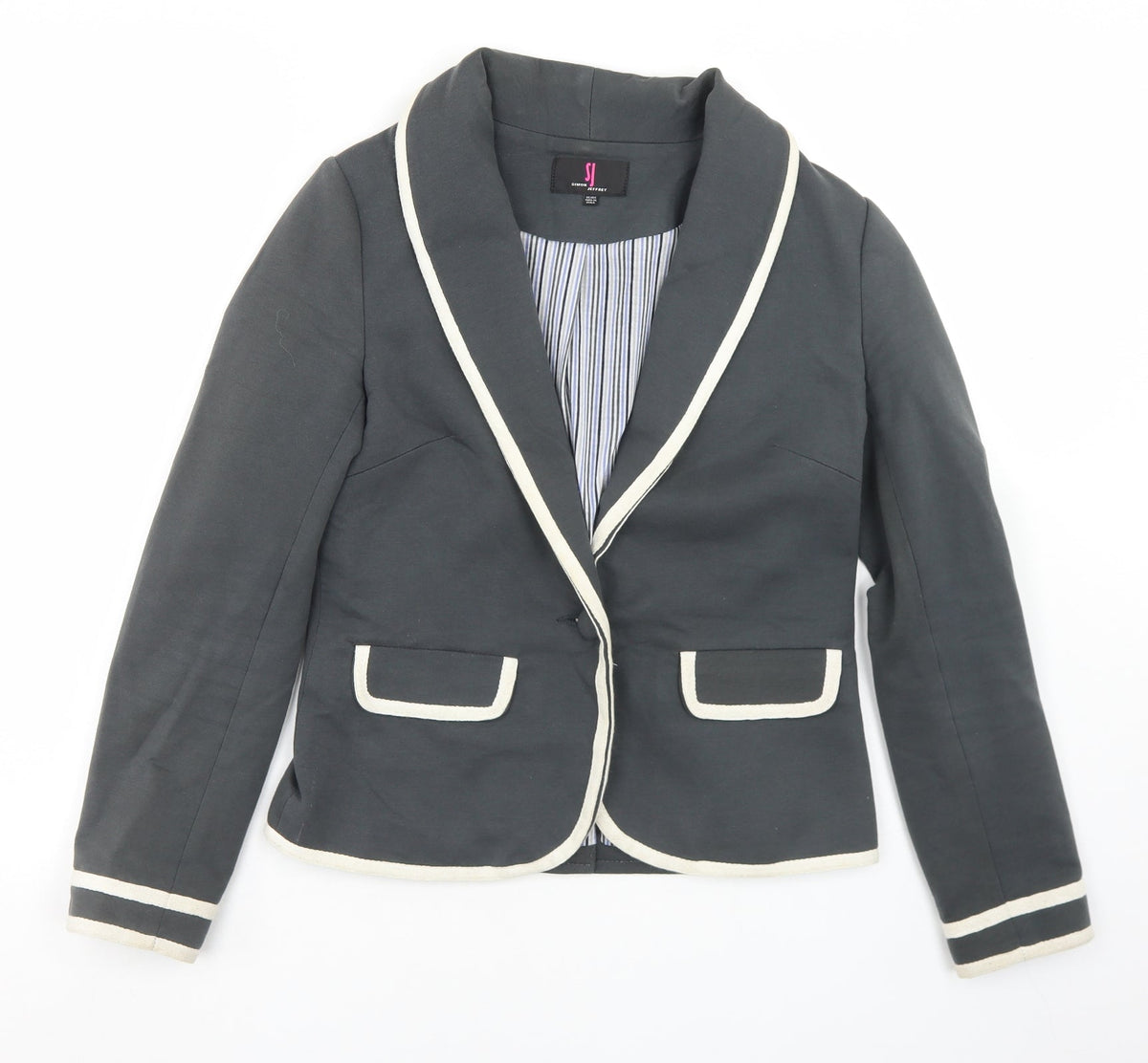 Additional front view of Simon Jeffrey women’s grey cotton jacket blazer, size UK 10