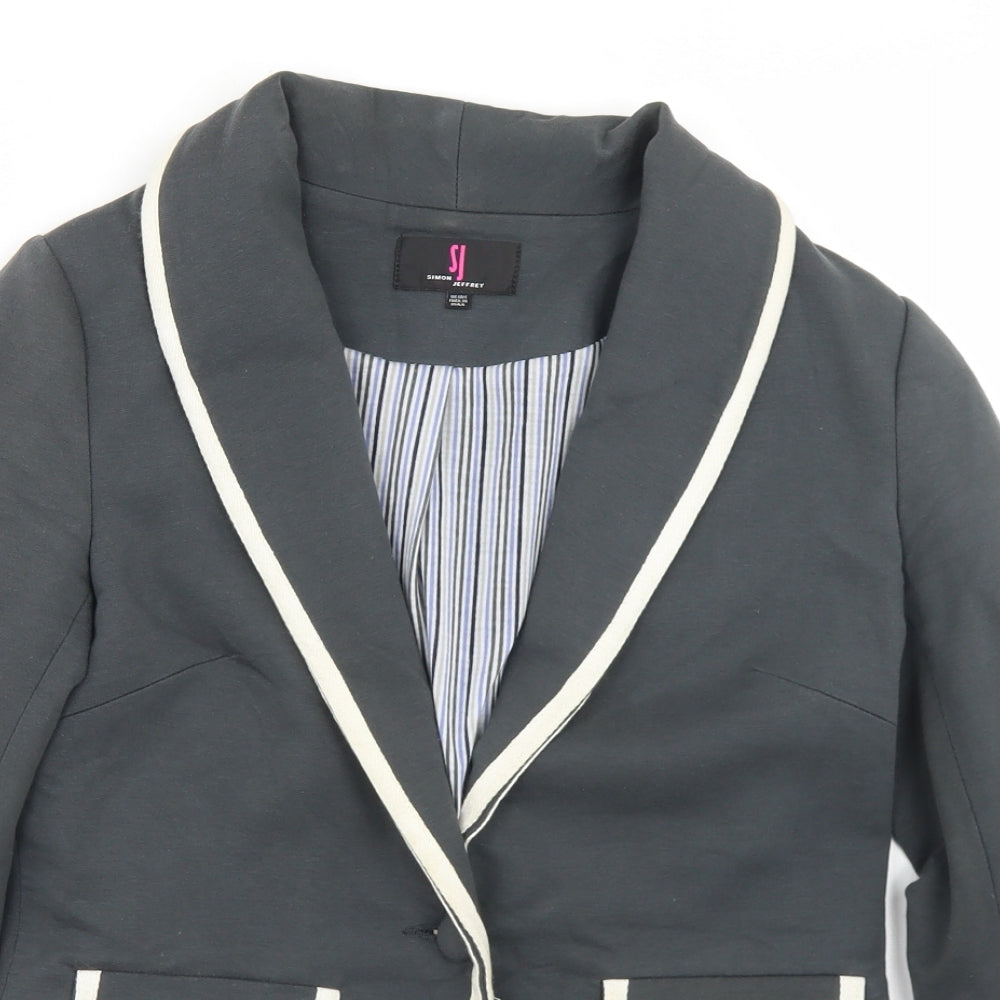 Close-up detail of Simon Jeffrey women’s grey cotton jacket blazer, size UK 10