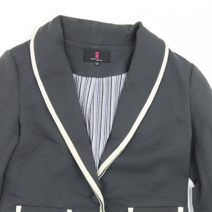 Close-up detail of Simon Jeffrey women’s grey cotton jacket blazer, size UK 10