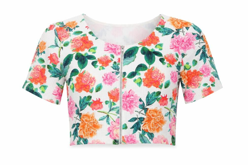 Front view of Select women’s white floral polyester cropped t-shirt, size UK 10, round neck