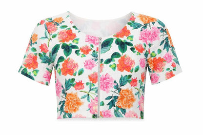 Front view of Select women’s white floral polyester cropped t-shirt, size UK 10, round neck