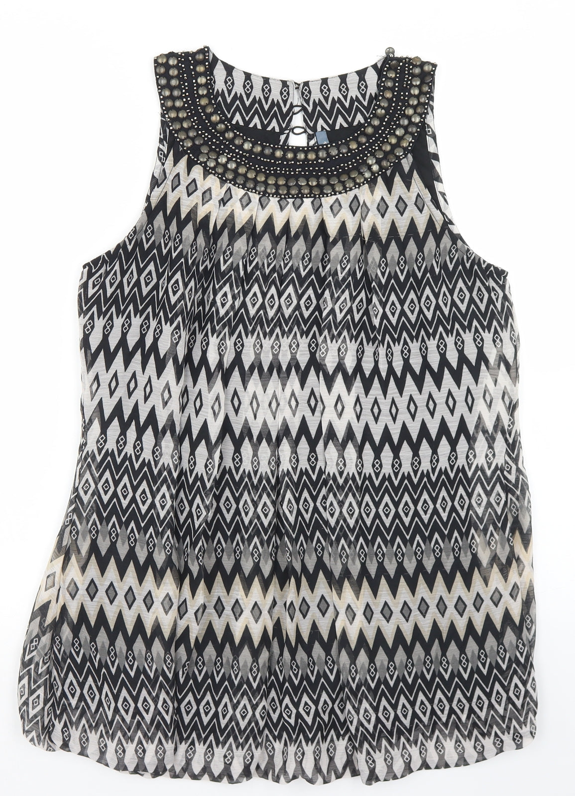 E-vie Womens Black Argyle/Diamond Polyester Basic Blouse Size 12 Round Neck