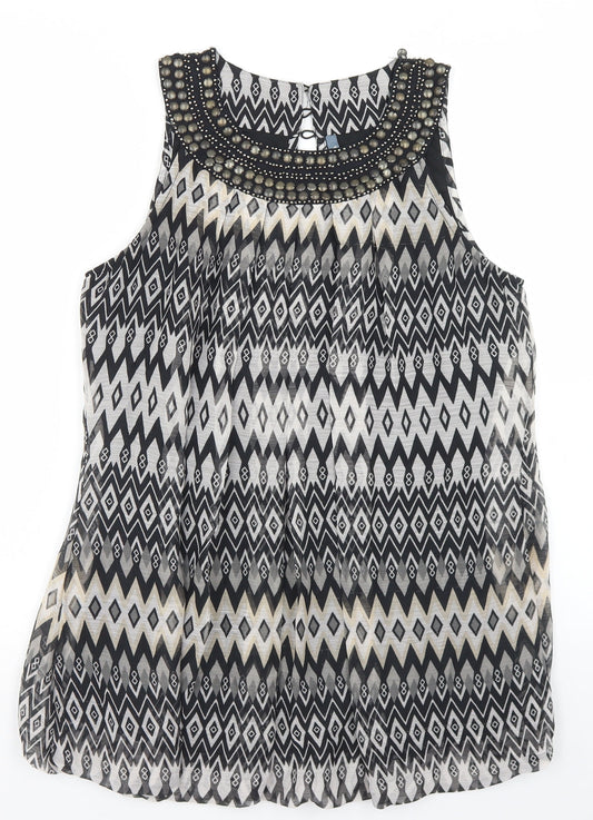 E-vie Womens Black Argyle/Diamond Polyester Basic Blouse Size 12 Round Neck