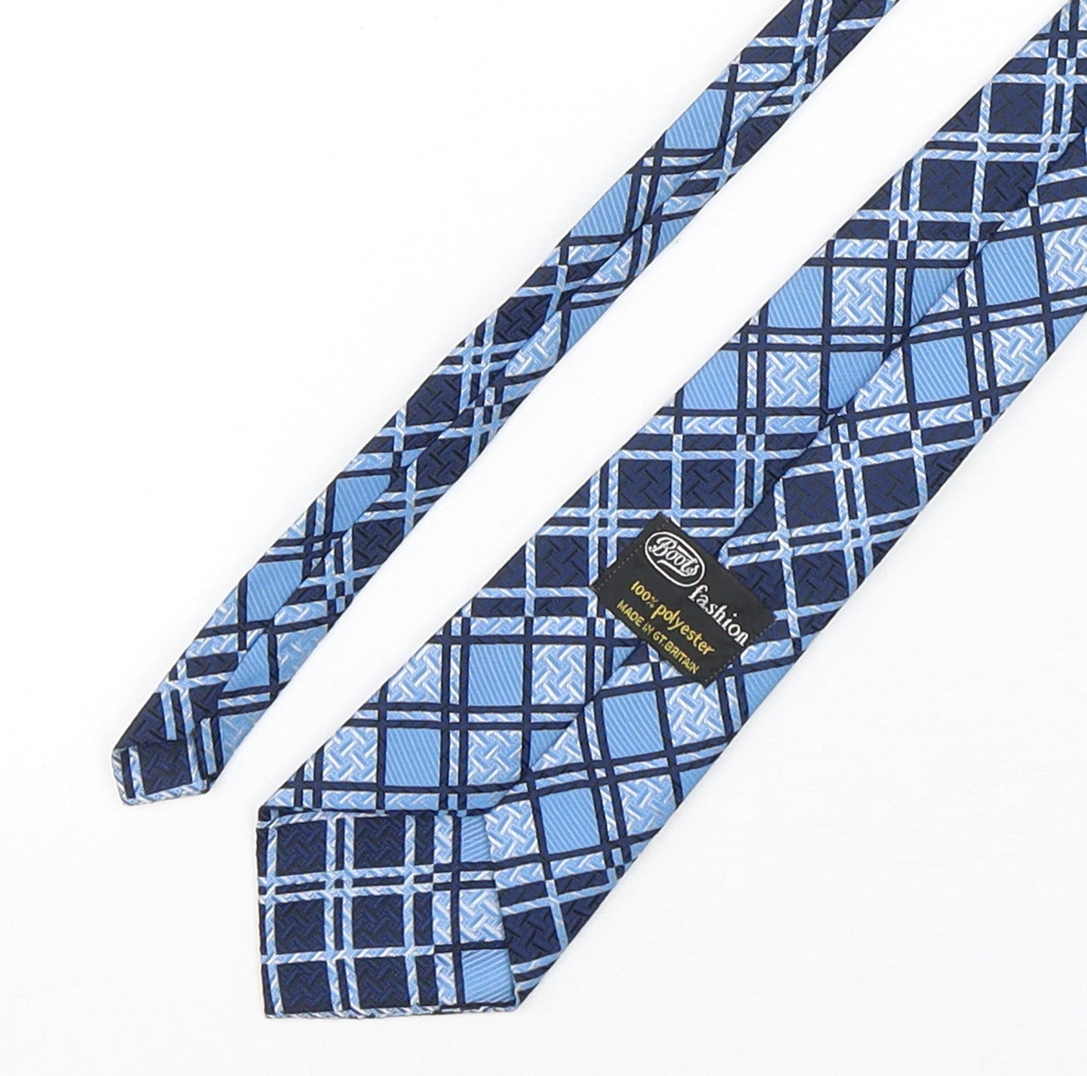 Back view of Boots men’s blue plaids & checks polyester pointed tie one size