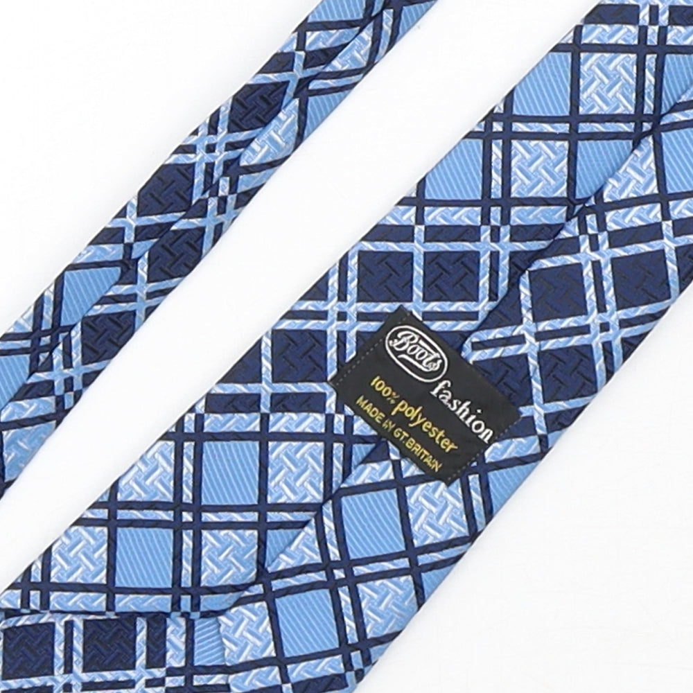 Brand and care label for Boots men’s blue plaids & checks polyester pointed tie one size
