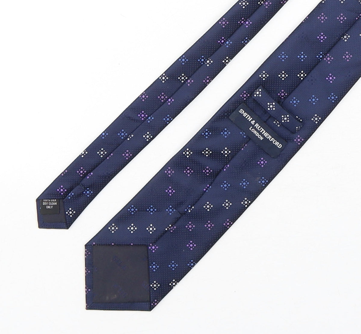 Back view of Smith & Rutherford men’s multicoloured geometric silk pointed tie one size