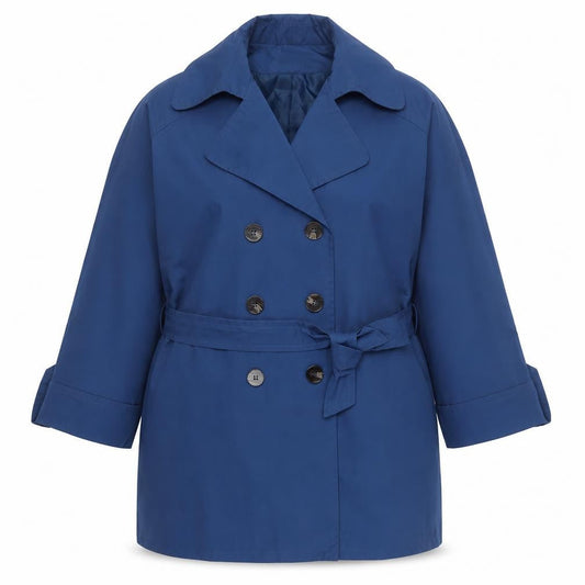 Front view of Square women’s blue pea coat coat, size L, button
