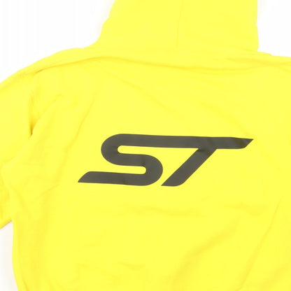 Brand and care label for Awdis women’s yellow cotton pullover hoodie, size M, pullover