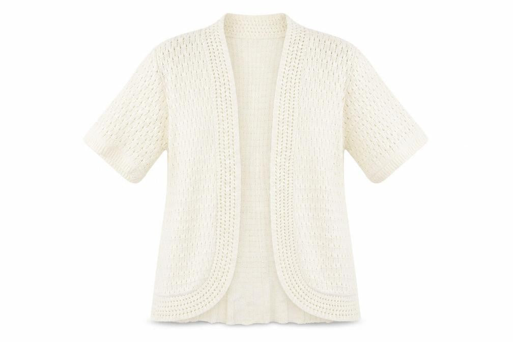 Front view of Pure & Natural women’s white v-neck acrylic cardigan jumper, size M