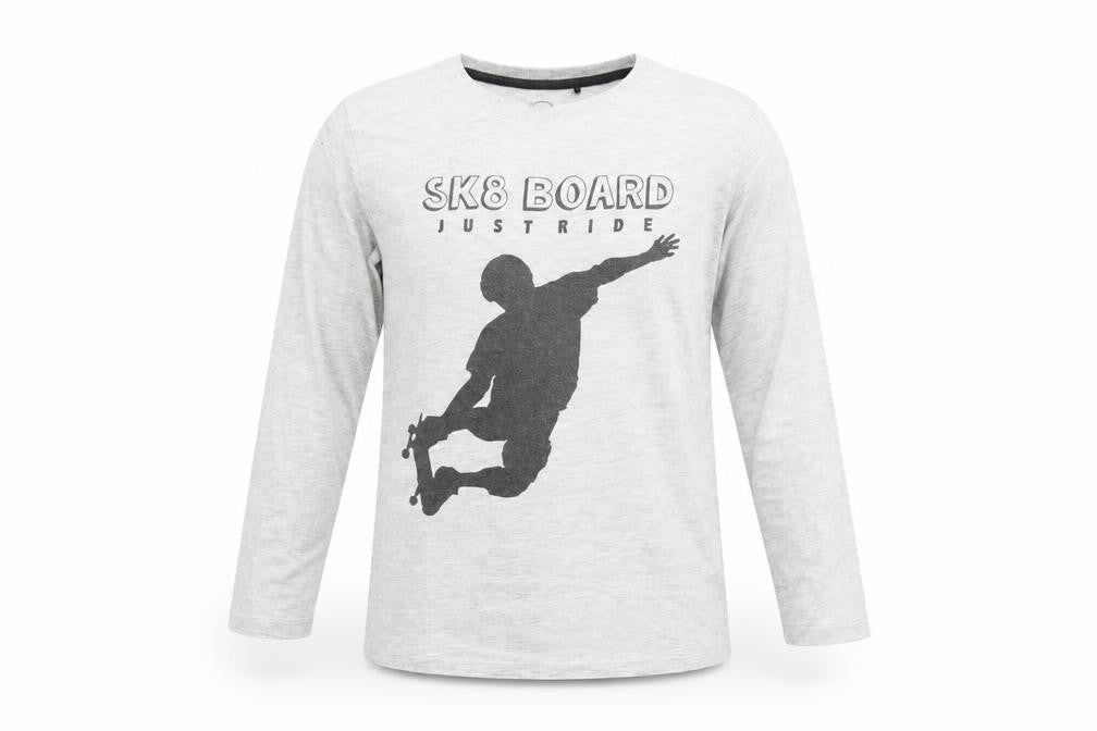 Front view of Cool boys’ grey cotton basic t-shirt, size 10-11, years crew neck pullover - sk8 board