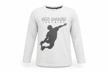 Front view of Cool boys’ grey cotton basic t-shirt, size 10-11, years crew neck pullover - sk8 board