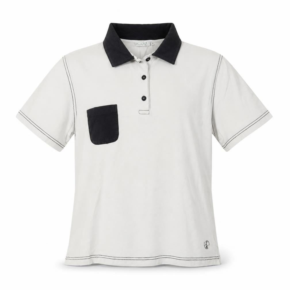 Front view of One Up Golf women’s white cotton basic polo, size L, collared