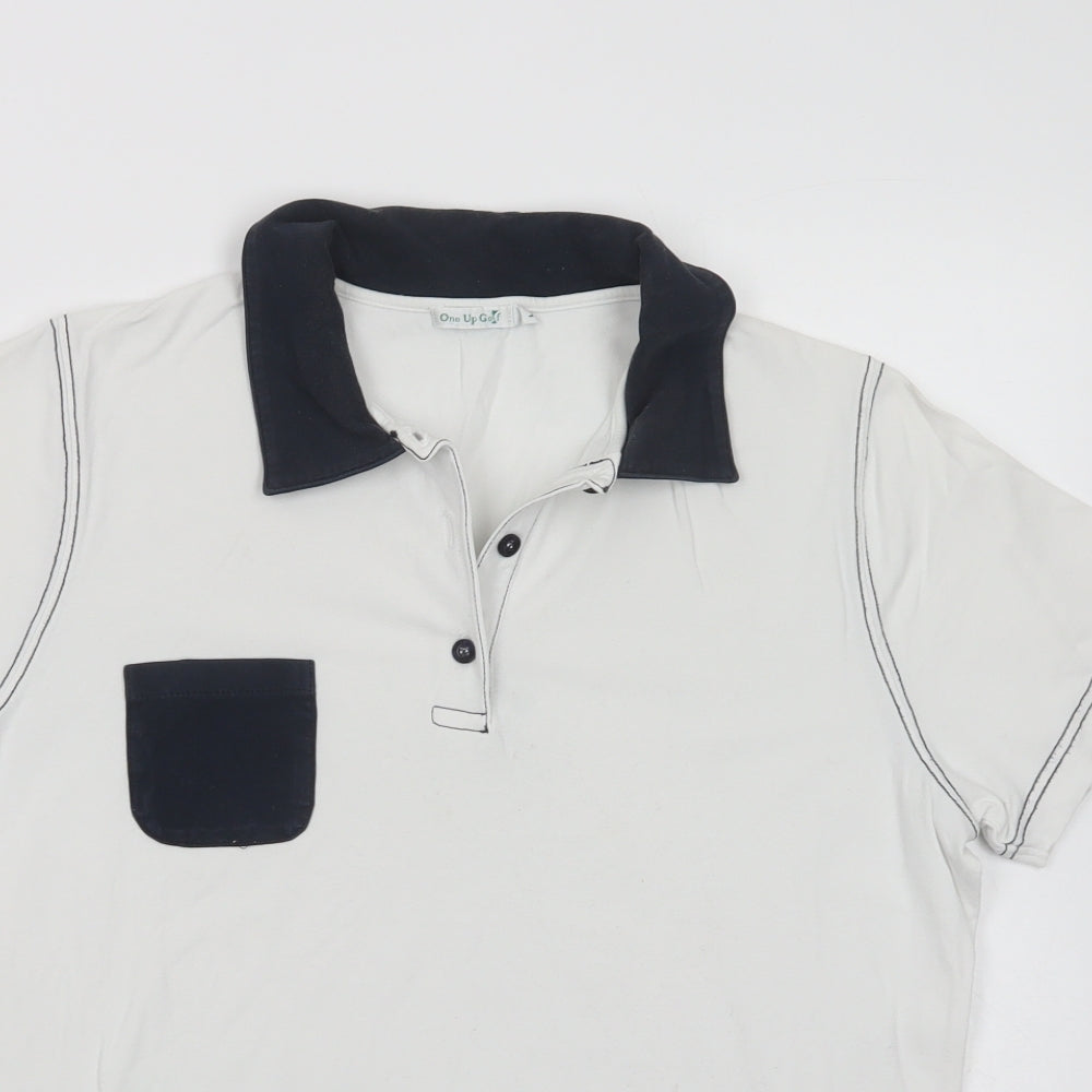 Close-up detail of One Up Golf women’s white cotton basic polo, size L, collared