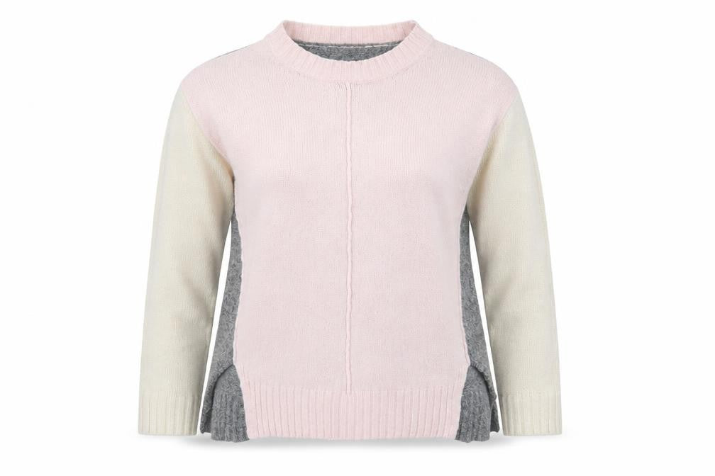 Front view of Marks & Spencer women’s pink crew neck acrylic jumper, size S, - colour block