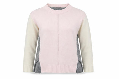Front view of Marks & Spencer women’s pink crew neck acrylic jumper, size S, - colour block