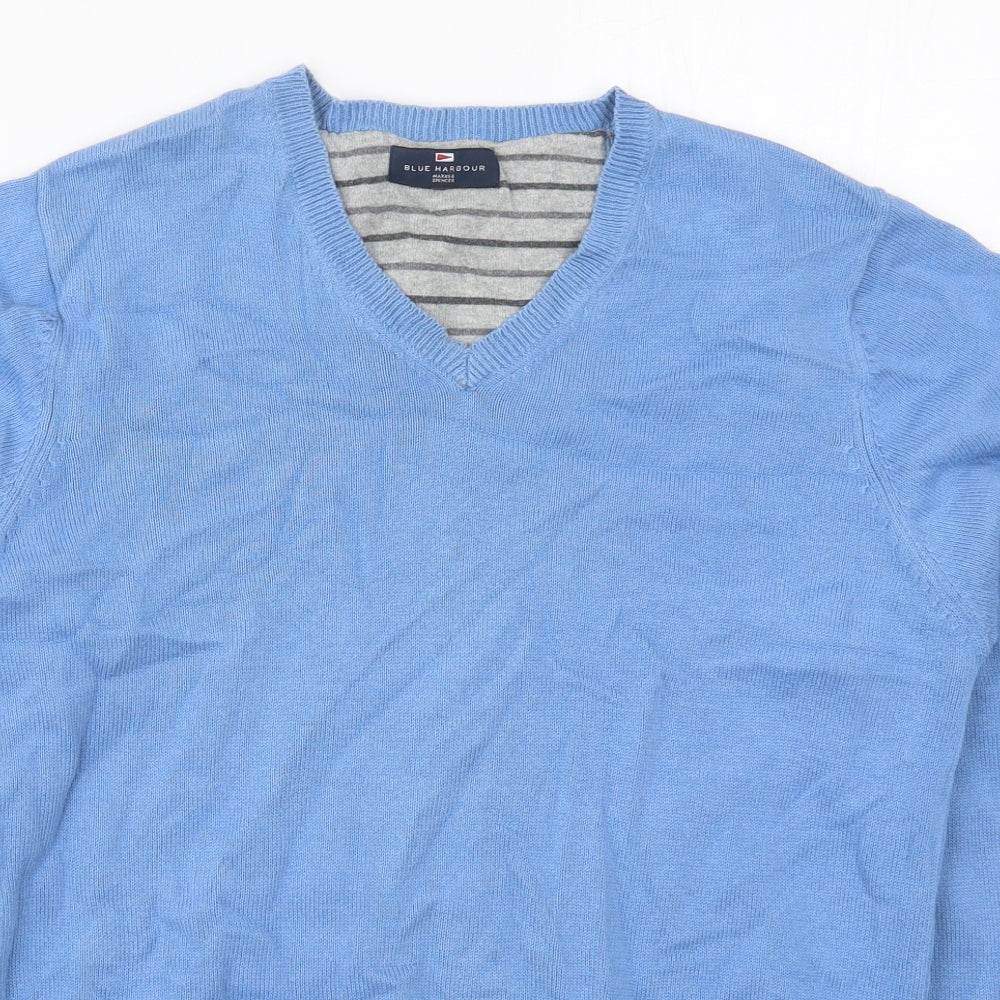 Marks and Spencer Mens Blue V-Neck  Cotton Pullover Jumper Size S