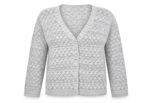 Front view of Mia Moda women’s grey v-neck acrylic cardigan jumper, size L