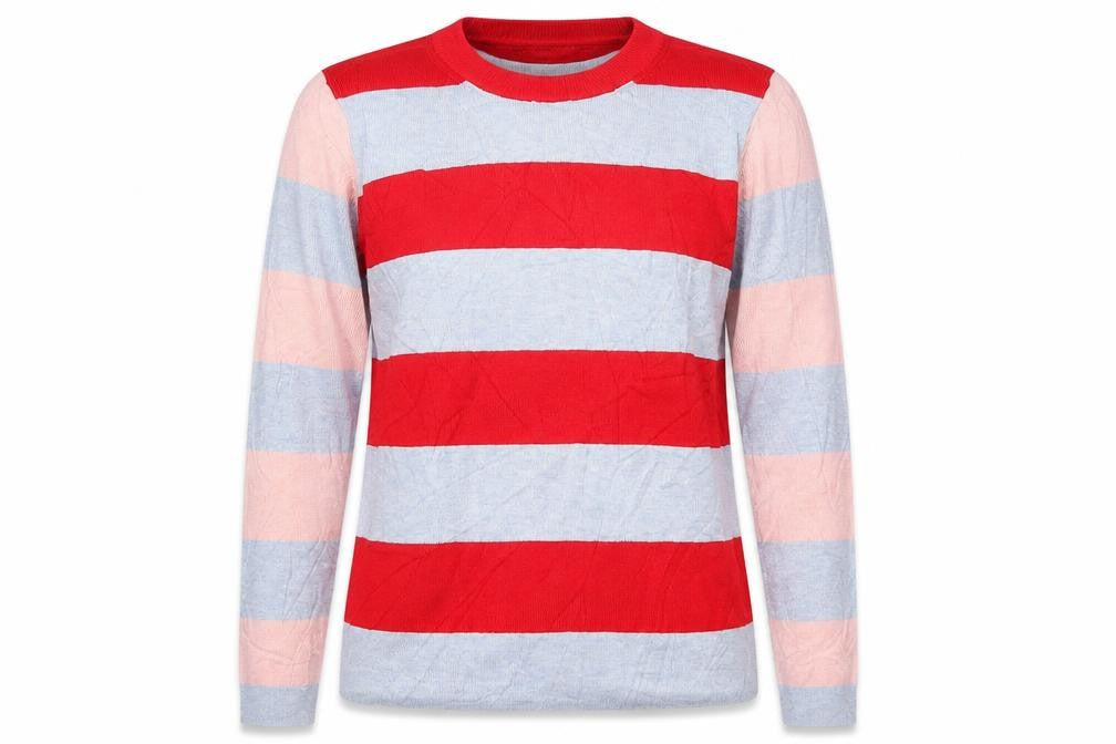 Front view of Marks & Spencer women’s red crew neck striped viscose jumper, size UK 14, - grey and pink