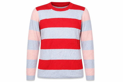 Front view of Marks & Spencer women’s red crew neck striped viscose jumper, size UK 14, - grey and pink