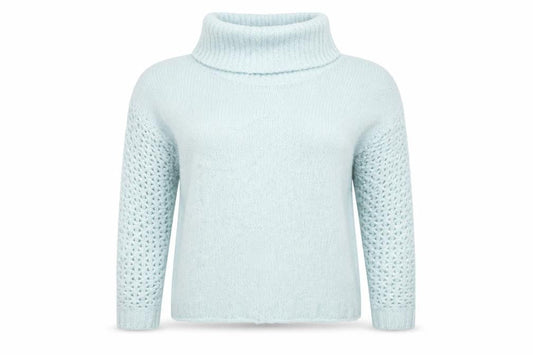 Front view of Peacocks women’s blue roll neck acrylic jumper, size S