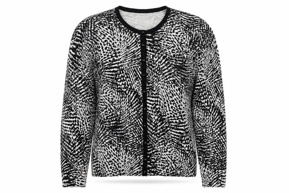 Front view of Marks & Spencer women’s black crew neck animal print viscose cardigan jumper, size UK 14