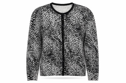 Front view of Marks & Spencer women’s black crew neck animal print viscose cardigan jumper, size UK 14